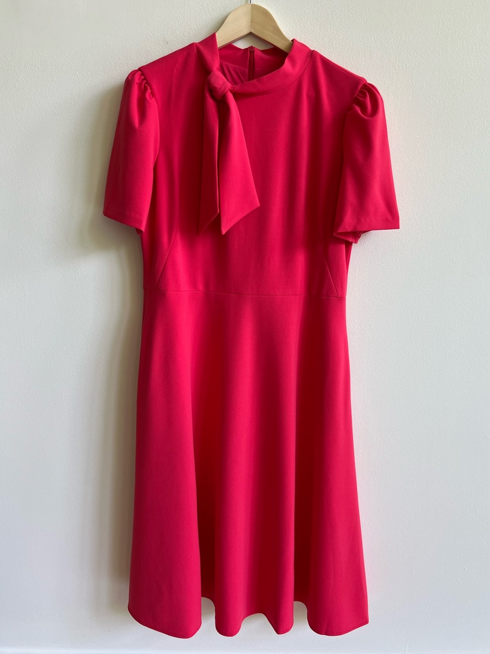 Maggy London NWOT Hot Pink Midi Dress Bow Neck Puff Sleeves Crepe A-Line Size 14